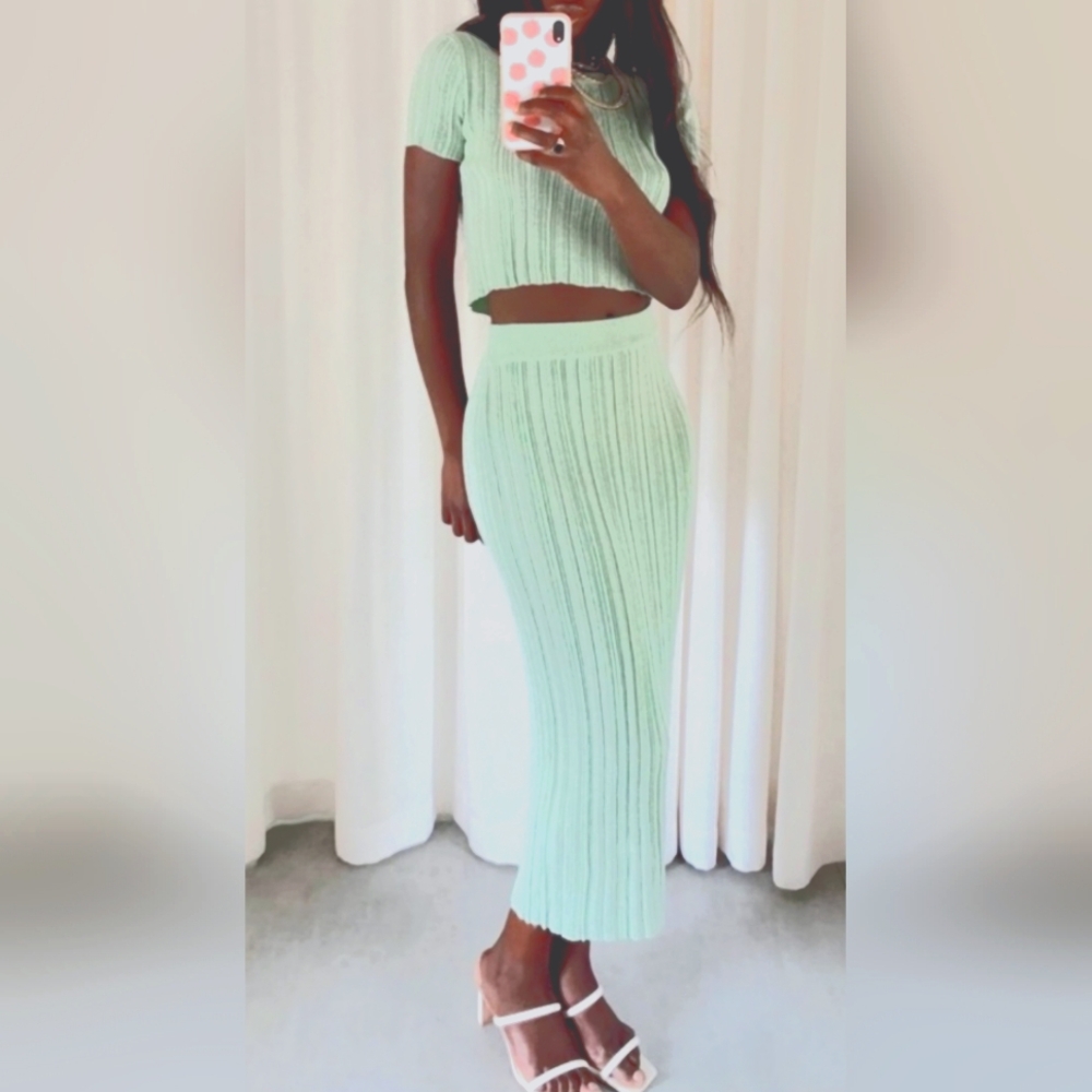 2PC Vintage Mint Knit Midi Skirt Set